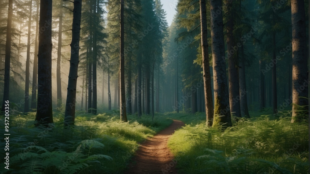 Obraz premium Wallpaper natural summer forest and sun rays penetrating through trees