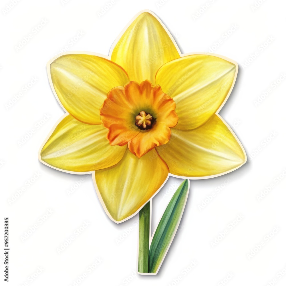 Obraz premium Digital Illustration of a Yellow Daffodil with Orange Center, Spring Flower, Daffodil, Narcissus