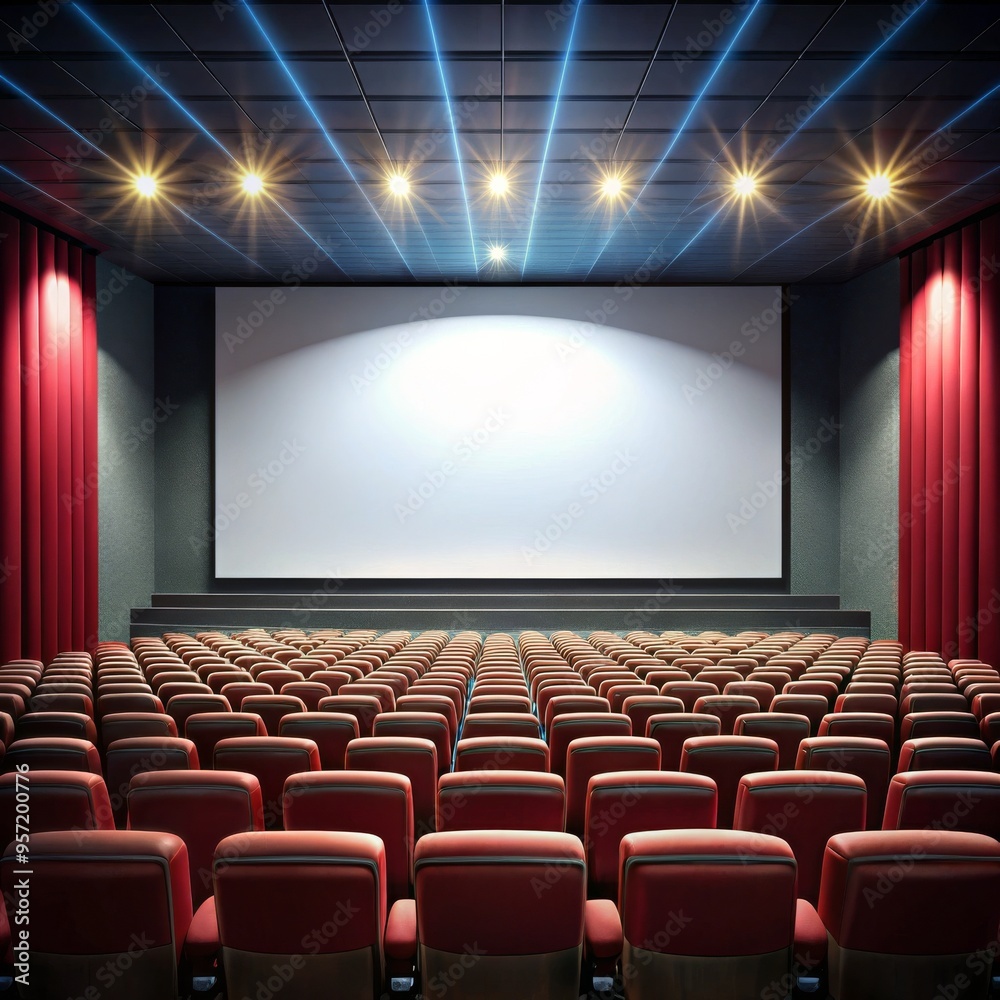 Fototapeta premium Empty Seats in a Theater, Digital Illustration, Cinematic Atmosphere, Movie Theater, Movie Night, Cinema, Entertainment