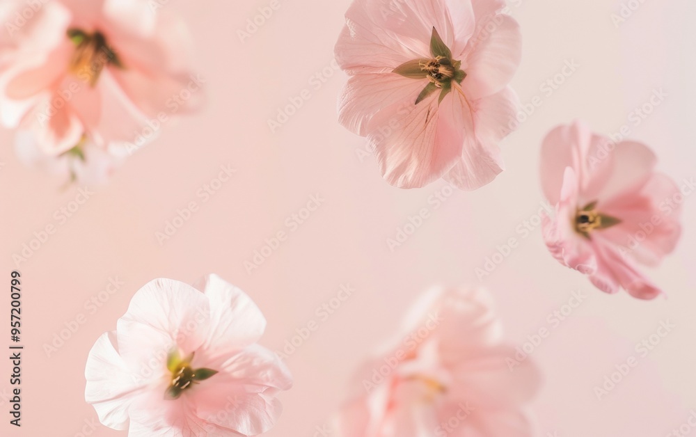 Elegant and Playful Product of Five Levitating Pastel Pink Flowers with Soft Shadows Against a Pink Background Elegant and Playful Product of Five Levitating Pastel Pink Flowers with Soft Shadows Against a Pink Background