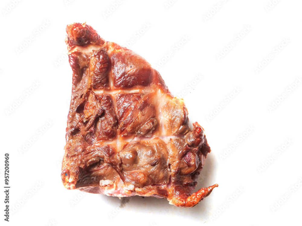 Smoked chicken thigh on the bone on white background. High quality cooked meat product ready to eat. Brown skin texture. Poultry production technology. Smoked chicken thigh on the bone on white background. High quality cooked meat product ready to eat. Brown skin texture. Poultry production technology.
