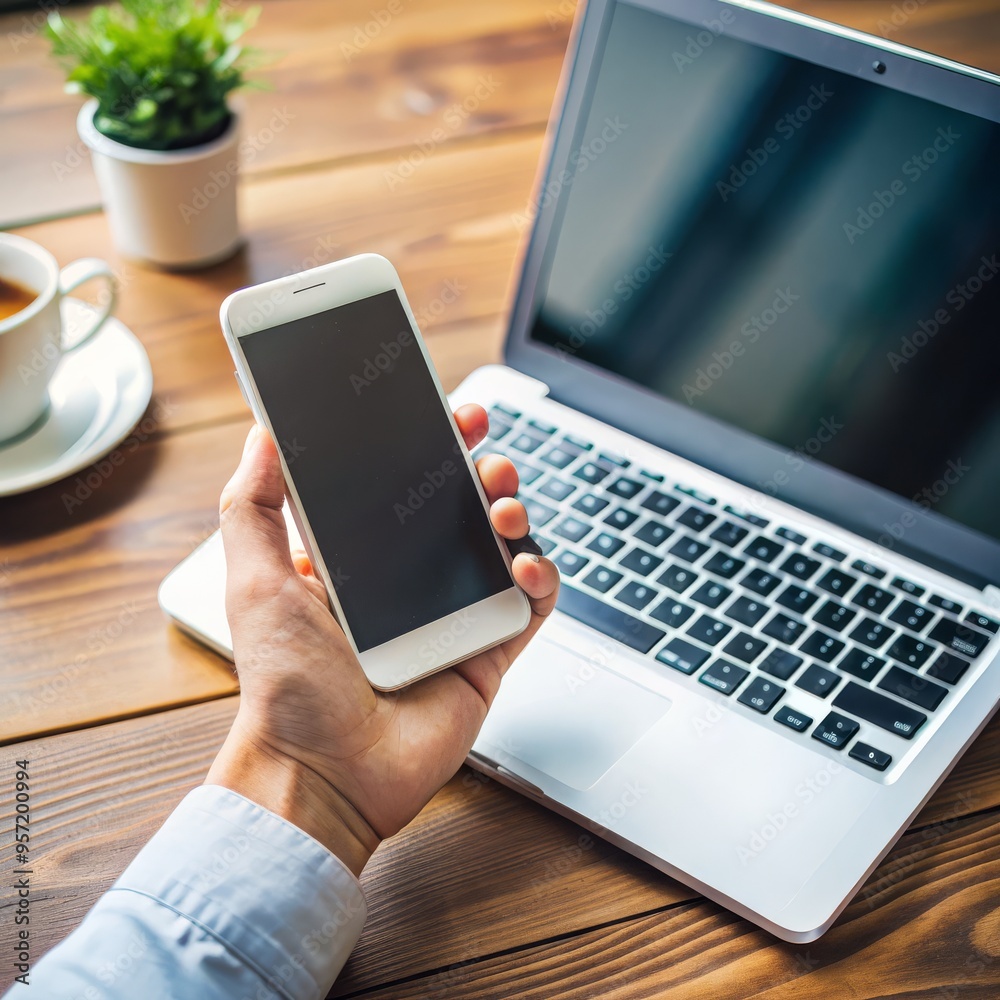 First Person Perspective Holding Smartphone with Laptop in Background, Wooden Table, Device, Work, Digital ,smartphone, laptop First Person Perspective Holding Smartphone with Laptop in Background, Wooden Table, Device, Work, Digital ,smartphone, laptop