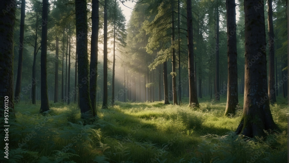 Fototapeta premium Wallpaper natural summer forest and sun rays penetrating through trees