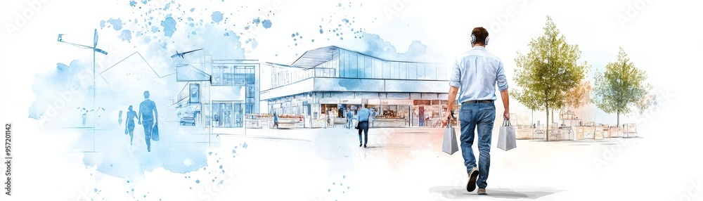Man with hearing aids shopping at a local market, watercolor style, integrating technology into everyday life. Man with hearing aids shopping at a local market, watercolor style, integrating technology into everyday life.