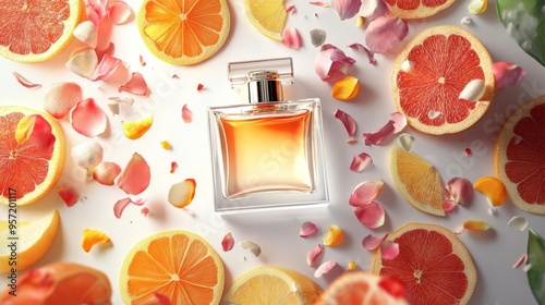 Elegant perfume bottle surrounded by sliced citrus fruits and delicate flower petals, capturing essence of freshness and luxury.