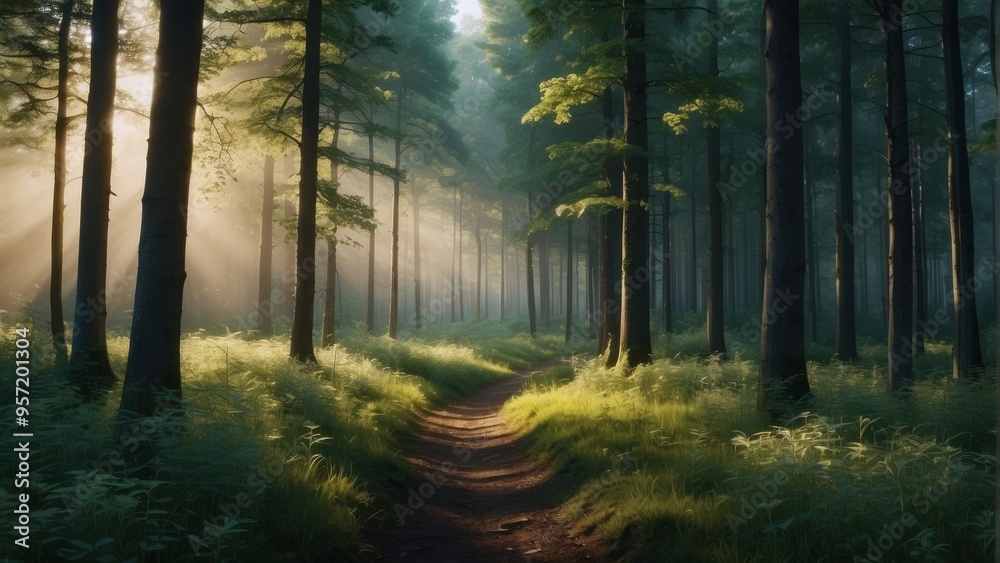 Fototapeta premium Wallpaper natural summer forest and sun rays penetrating through trees
