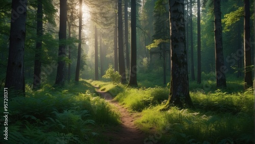 Wallpaper Mural Wallpaper natural summer forest and sun rays penetrating through trees Torontodigital.ca