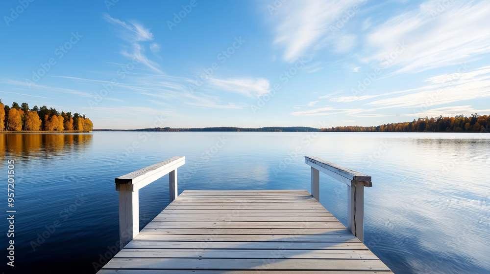 Fototapeta premium A wooden pier extends over a tranquil lake with clear blue skies and autumn-colored trees in the distance.