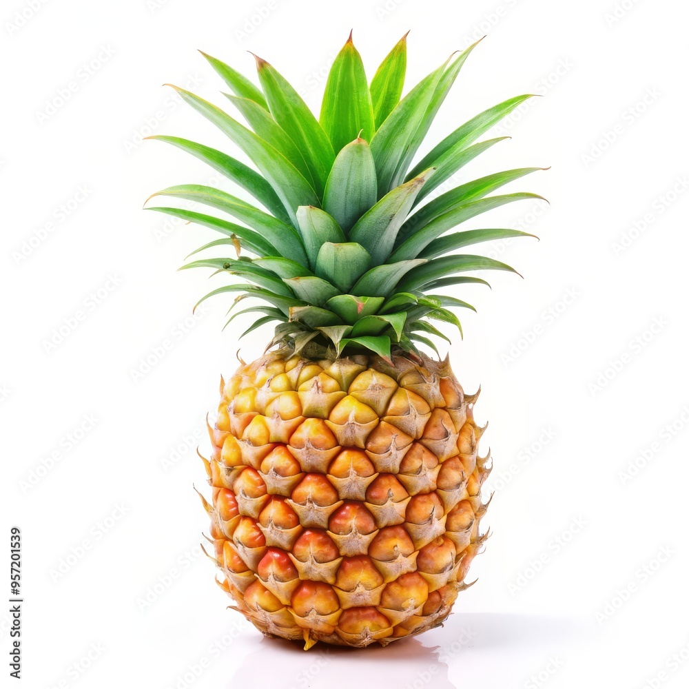Fototapeta premium Fresh Whole Pineapple Isolated on White Background, Pineapple Fruit, Tropical Fruit, Summer Fruit