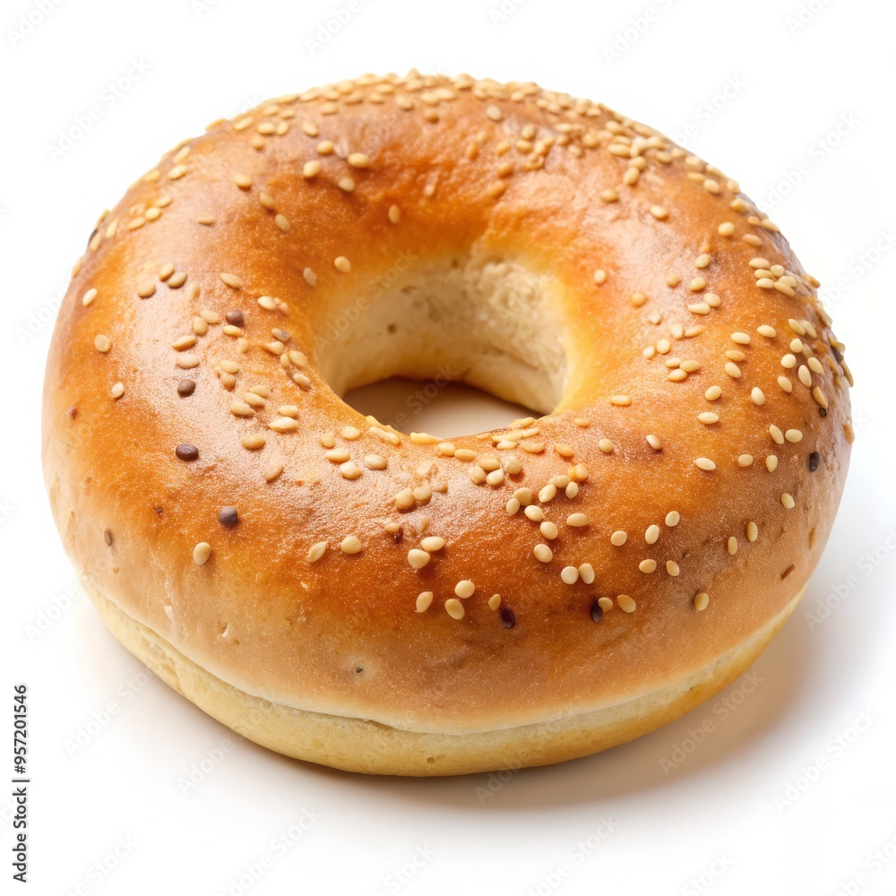 Freshly Baked Sesame Bagel, white background, close up, delicious, breakfast, bakery, food Freshly Baked Sesame Bagel, white background, close up, delicious, breakfast, bakery, food