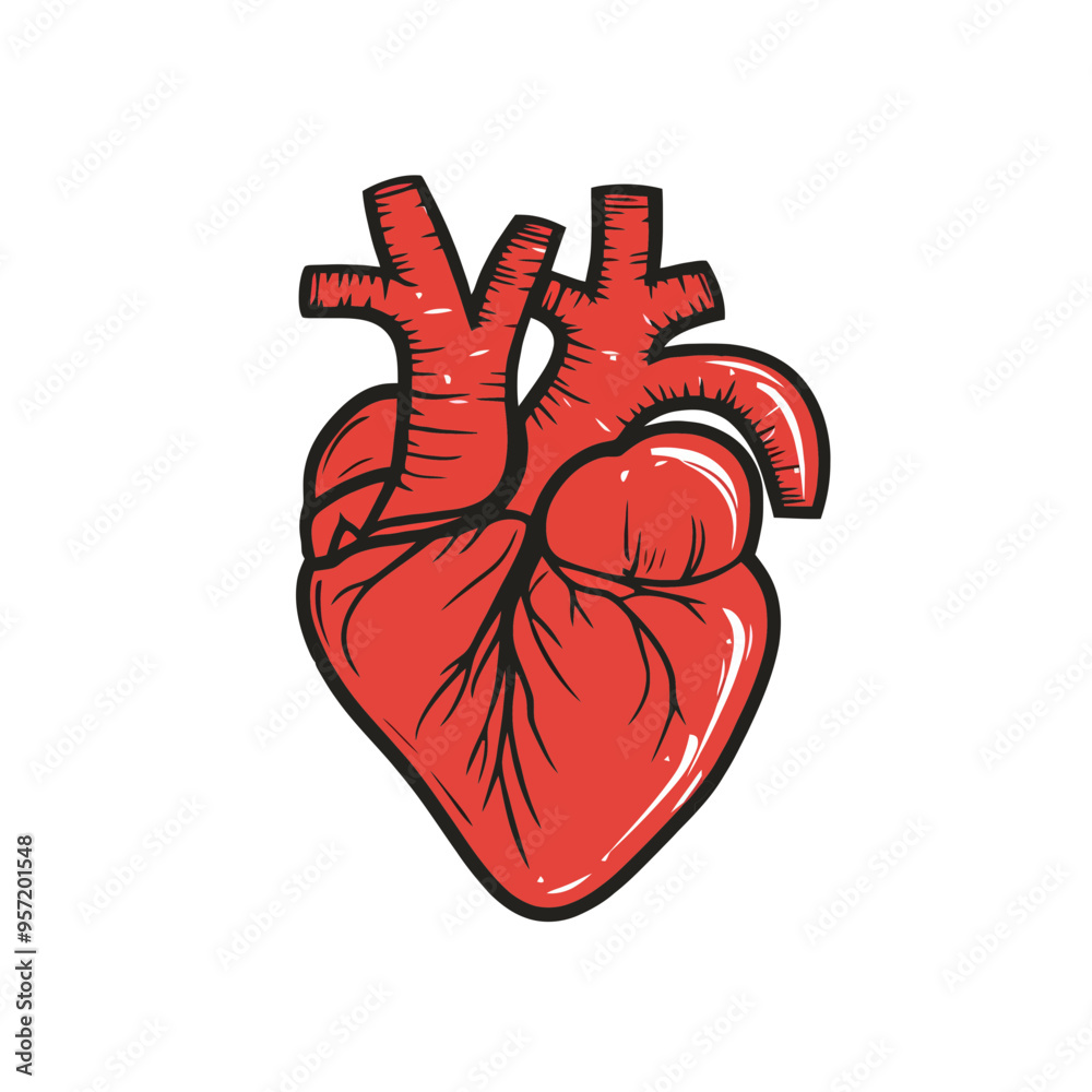 Anatomical heart illustration with heartbeat line and white background. Concept of cardiology, heart health, and medical studies Anatomical heart illustration with heartbeat line and white background. Concept of cardiology, heart health, and medical studies