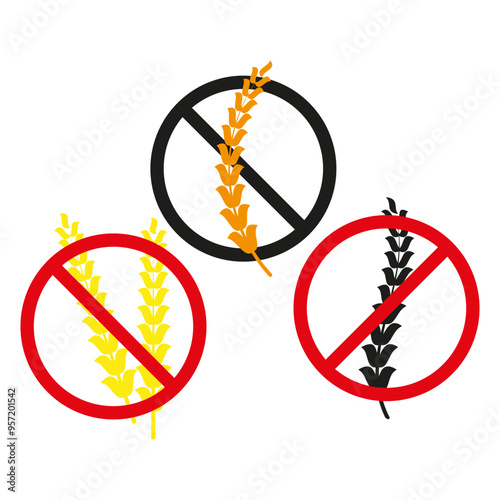 No wheat icon. Grain prohibited sign. Allergy warning symbol. Colorful wheat illustration.