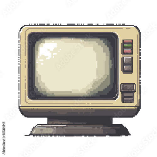 Pixel art illustration of a vintage television. Depicts a retro TV in pixel art style on a white background, representing nostalgia and technology photo