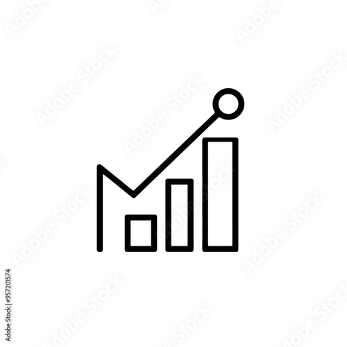 Black and white minimalistic bar graph icon with an upward trend line. Isolated on a clean white background. Represents growth and success