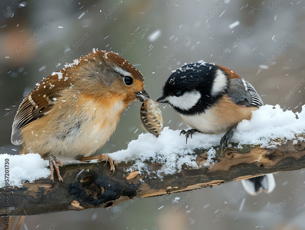 Obraz premium Two small birds perched on snowy branch in winter, sparrow and chickadee sharing food during snowfall, wildlife nature photography perfect for seasonal greeting cards and nature publications.
