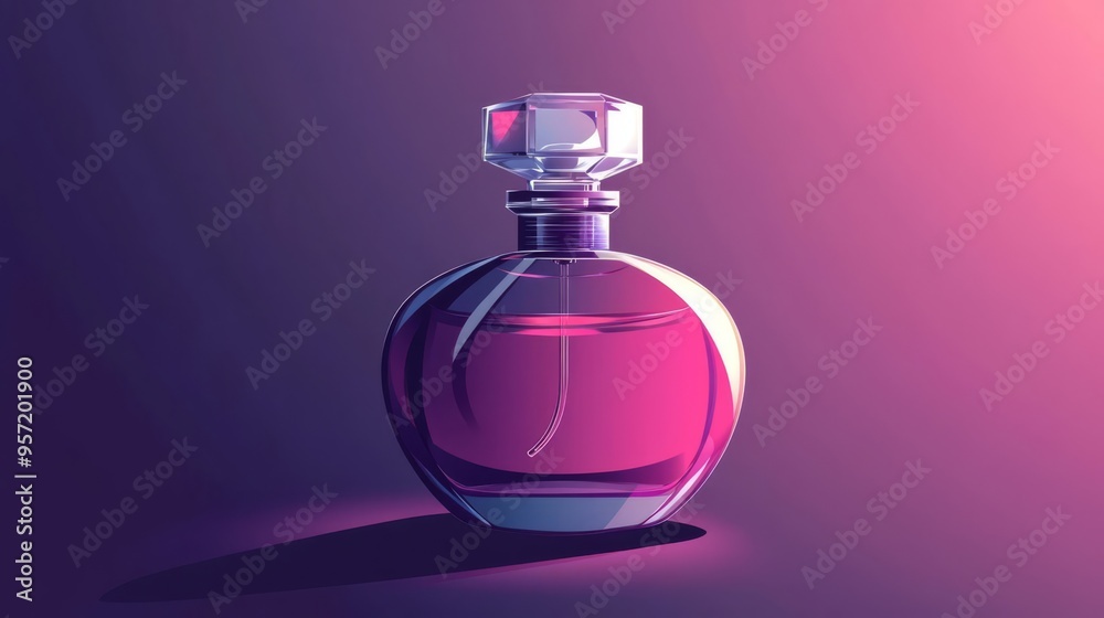 Elegant perfume bottle with pinkish hue, illuminated with a soft gradient light against a dark background, evoking luxury and sophistication. Elegant perfume bottle with pinkish hue, illuminated with a soft gradient light against a dark background, evoking luxury and sophistication.