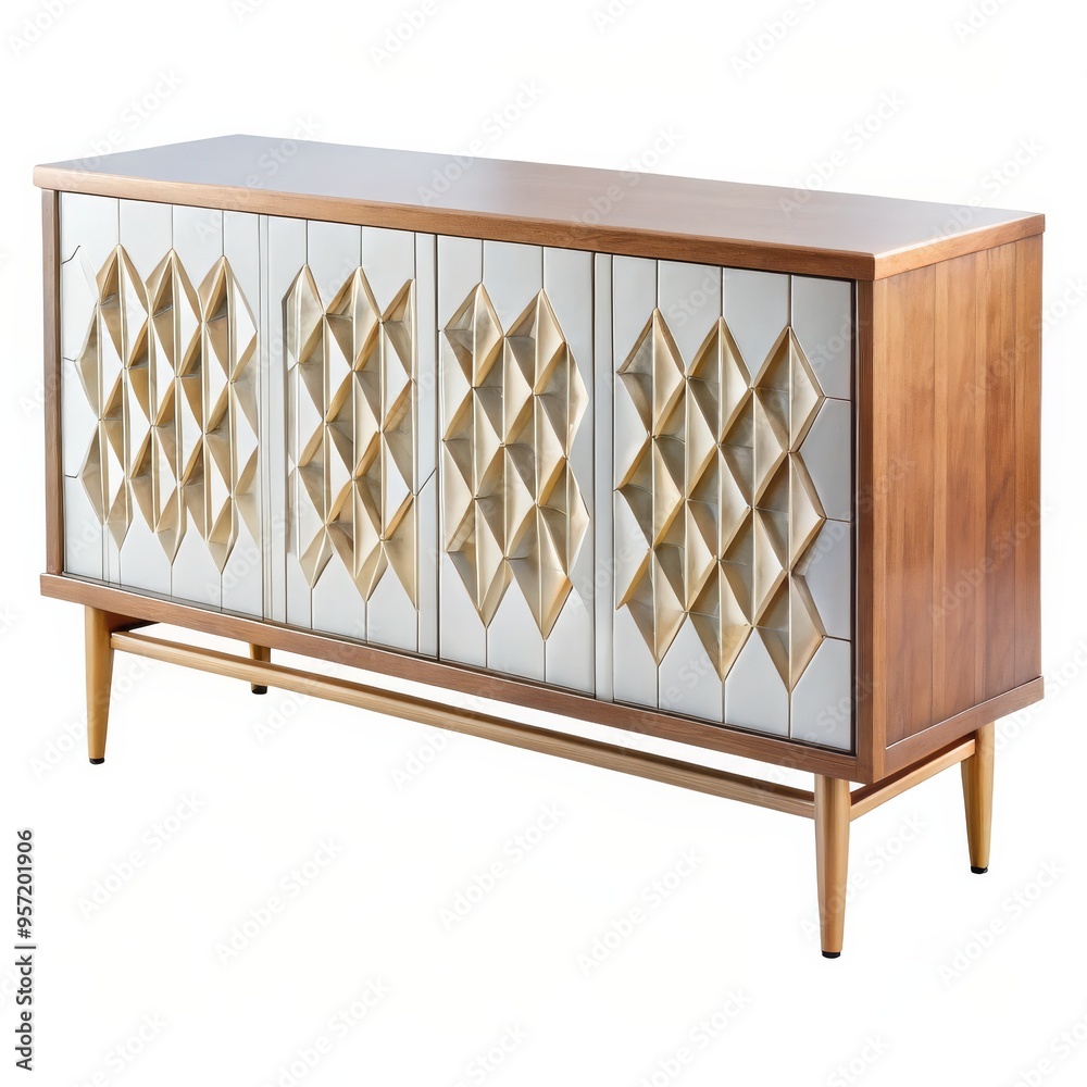 Geometric Wooden Sideboard with White and Gold Pattern, Mid Century Modern Furniture, Sideboard, Cabinet Geometric Wooden Sideboard with White and Gold Pattern, Mid Century Modern Furniture, Sideboard, Cabinet