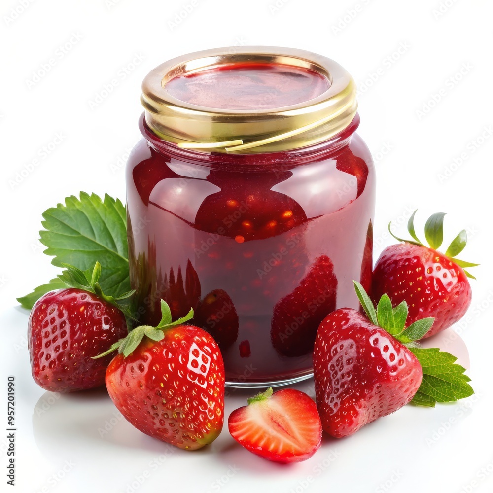 Glass Jar of Homemade Strawberry Jam with Fresh Berries, Food Photography, Sweet Treat, Dessert , Recipe, Strawberry Jam Glass Jar of Homemade Strawberry Jam with Fresh Berries, Food Photography, Sweet Treat, Dessert , Recipe, Strawberry Jam