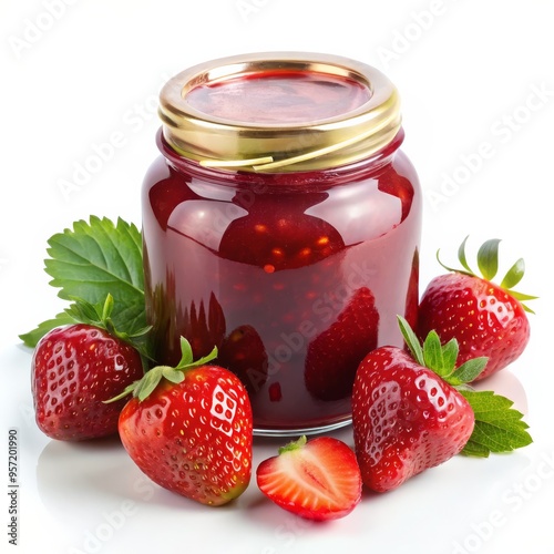 Glass Jar of Homemade Strawberry Jam with Fresh Berries, Food Photography, Sweet Treat, Dessert , Recipe, Strawberry Jam