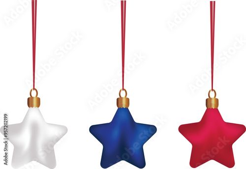 Set of Christmas tree decorations in colors flags of USA White blue red Vector illustration Xmas realistic colorful stars hanging on satin ribbon New year ornaments Patriotic background