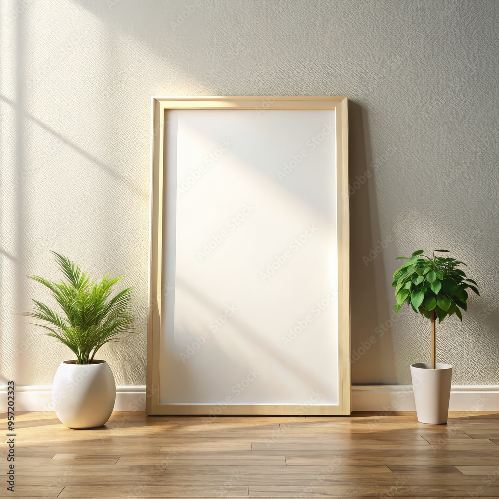 Golden Frame Mockup with Plants on Wooden Floor, Minimalist, Empty, Design, Mockup, Frame, Wall Golden Frame Mockup with Plants on Wooden Floor, Minimalist, Empty, Design, Mockup, Frame, Wall