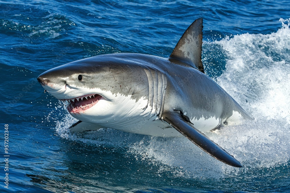 Fototapeta premium Great White Shark Leaping Out of the Water with Mouth Open