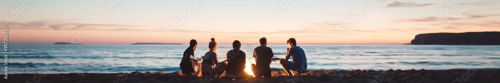 Group of Teenagers Singing and Playing Guitars Around a Beach Bonfire Under a Starlit Sky, Radiating Youthful Joy and Camaraderie Group of Teenagers Singing and Playing Guitars Around a Beach Bonfire Under a Starlit Sky, Radiating Youthful Joy and Camaraderie