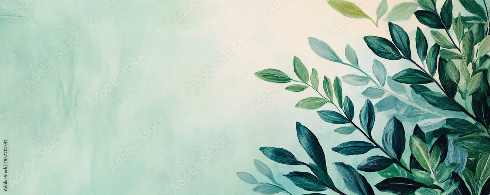 A serene background featuring lush green leaves against a soft, pastel backdrop, perfect for nature-themed designs. A serene background featuring lush green leaves against a soft, pastel backdrop, perfect for nature-themed designs.