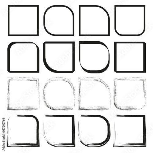 Geometric frame collection. Rounded corner shapes. Hand-drawn square outlines. Abstract border elements.