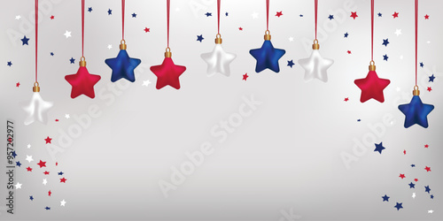 Set Christmas tree decorations in colors flag USA White blue red Xmas realistic colorful stars hanging satin ribbon like border Frame New year ornaments Patriotic background Сonfetti Silver background