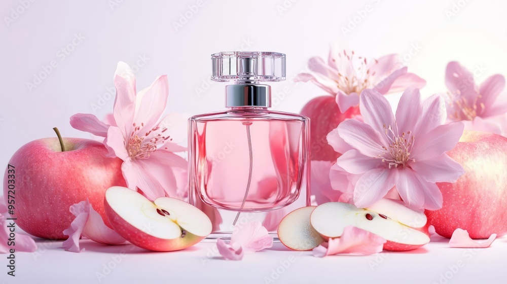 Elegant pink perfume bottle with fresh apples and flowers, creating a delicate and floral ambiance. Elegant pink perfume bottle with fresh apples and flowers, creating a delicate and floral ambiance.