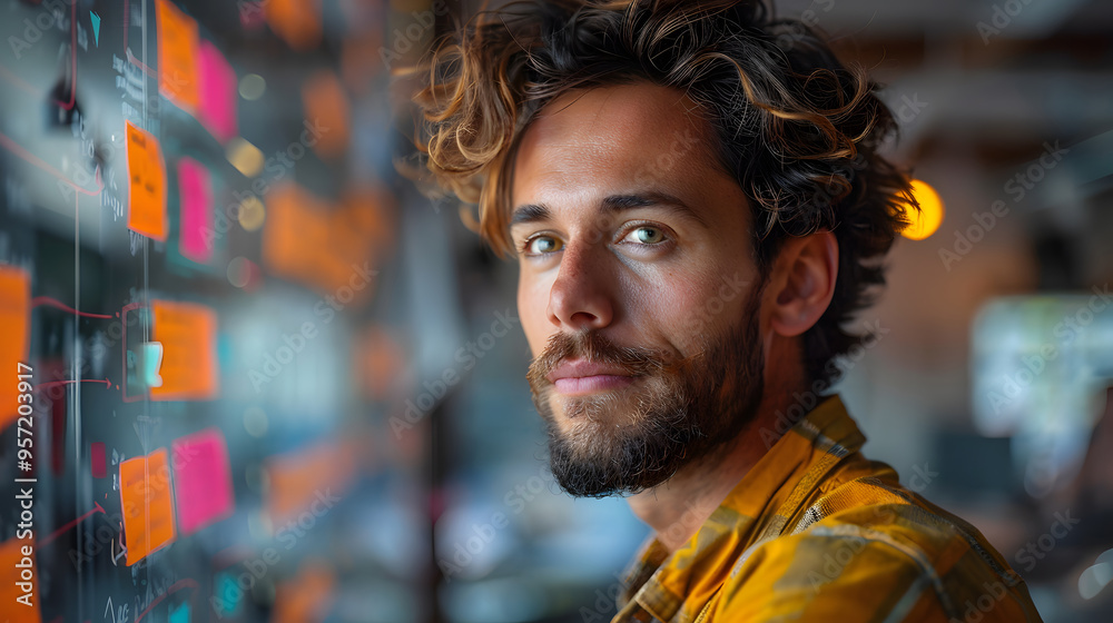 Portrait of a confident young man with curly hair and beard in a modern office setting, standing near a glass board with sticky notes Portrait of a confident young man with curly hair and beard in a modern office setting, standing near a glass board with sticky notes
