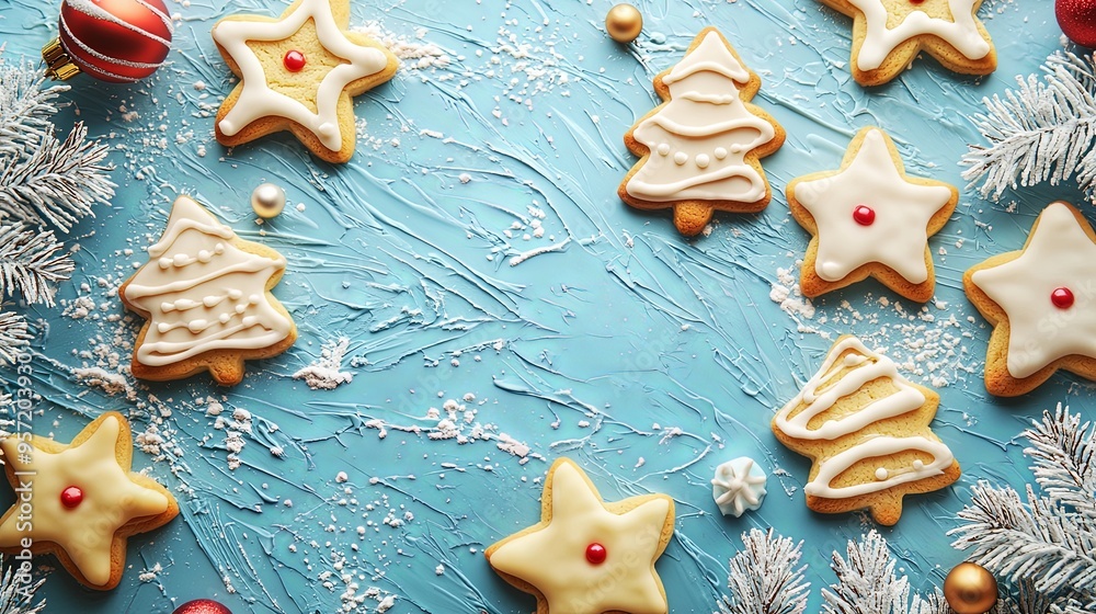 This image consists of iced star and tree Christmas cookies on a blue background, decorated with white and red icing, featuring holiday greenery and snow-like sugar. This image consists of iced star and tree Christmas cookies on a blue background, decorated with white and red icing, featuring holiday greenery and snow-like sugar.