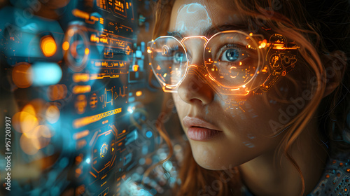 Close-up of a woman wearing augmented reality glasses, interacting with a futuristic digital interface displaying holographic data and technology visuals