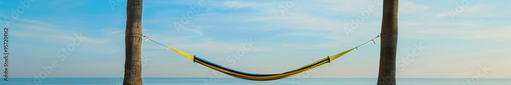 Fototapeta premium Serene Tropical Escape Hammock Swaying Between Palm Trees at Sunset on a Deserted Island, Symbolizing Ultimate Relaxation and Solitude