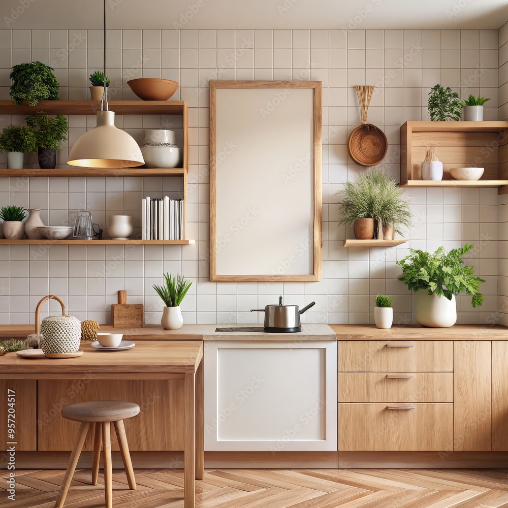 Fototapeta premium Minimalist Kitchen Design with Wooden Shelves and a Blank Canvas, kitchen design, interior design, modern kitchen