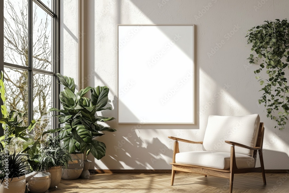 Poster Frame in Beige minimalist living room interior created with generative AI Poster Frame in Beige minimalist living room interior created with generative AI