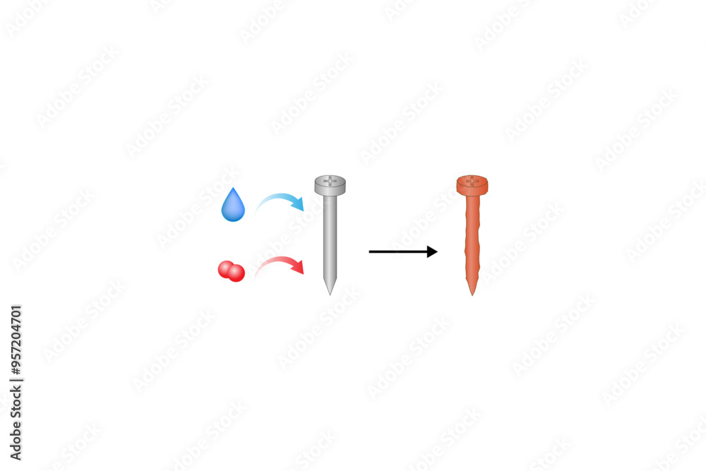 Rusting process mechanism. Chemical reaction between Oxygen, water and iron. Iron corrosion. Vector Illustration. Rusting process mechanism. Chemical reaction between Oxygen, water and iron. Iron corrosion. Vector Illustration.