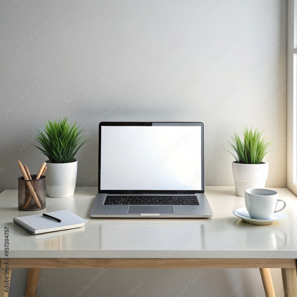 Minimalist Workspace with Laptop, White Desk and Plants, Desk, Workspace, Office Minimalist Workspace with Laptop, White Desk and Plants, Desk, Workspace, Office