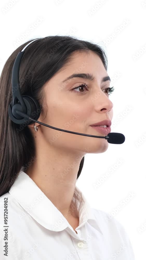 Joyful female Caucasian young adult customer support operator talking with client on white background. Distant helpline call. Vertical video. Joyful female Caucasian young adult customer support operator talking with client on white background. Distant helpline call. Vertical video.