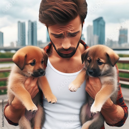  Holding two puppies unable to decide which one to adopt Izobraj photo