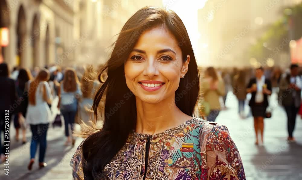 Spanish Woman Embracing Urban Life in Crowded City Spanish Woman Embracing Urban Life in Crowded City
