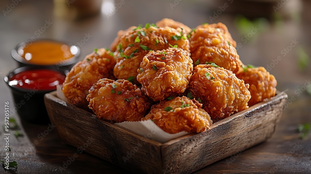 A close-up perspective of a basket of golden fried chicken, crispy and mouthwatering, served with dipping sauces on a rustic wooden table, sunlight casting gentle shadows, A close-up perspective of a basket of golden fried chicken, crispy and mouthwatering, served with dipping sauces on a rustic wooden table, sunlight casting gentle shadows,