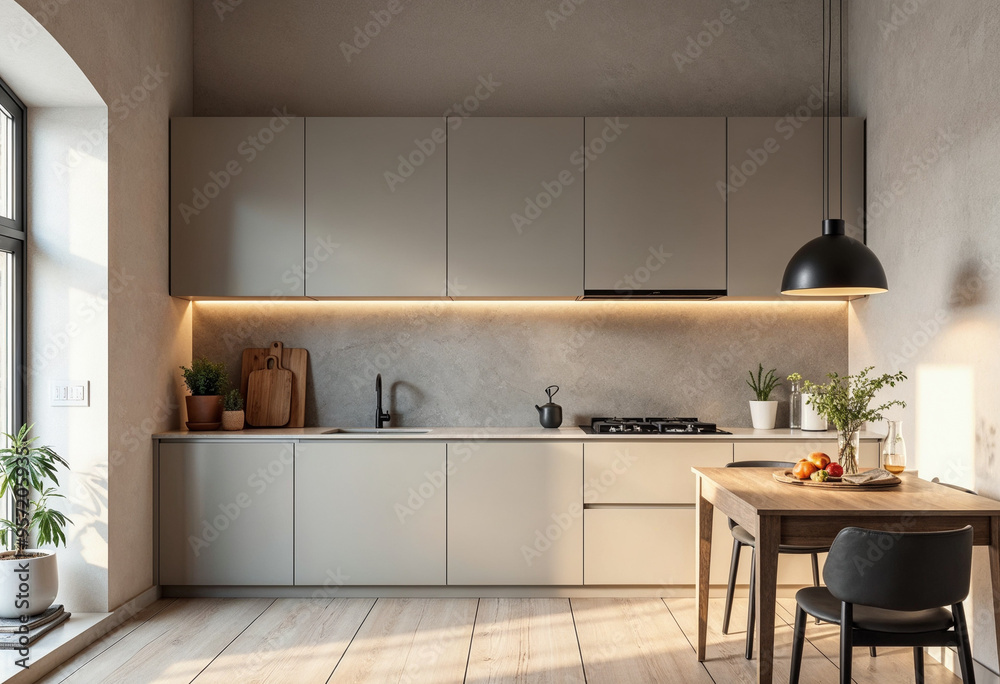 Fototapeta premium Concept photo of modern, minimalist, cozy kitchen interior