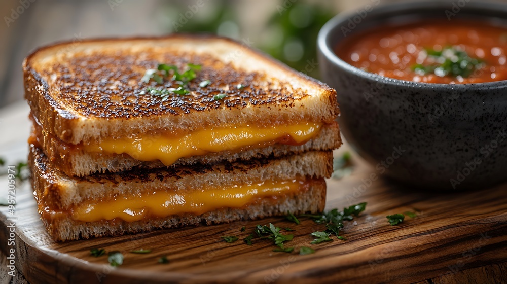 A close-up perspective of a grilled cheese sandwich with golden, crispy edges, with cheese oozing out, accompanied by a cup of steaming tomato soup, arranged on a wooden table, A close-up perspective of a grilled cheese sandwich with golden, crispy edges, with cheese oozing out, accompanied by a cup of steaming tomato soup, arranged on a wooden table,