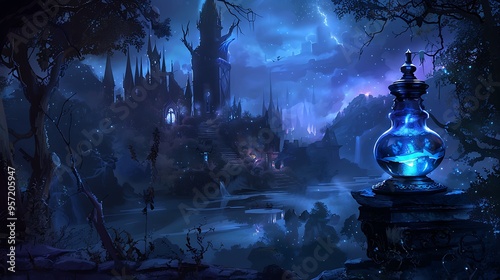 Spooky evening scene with a dazzling blue elixir perched on a sorceress land photo