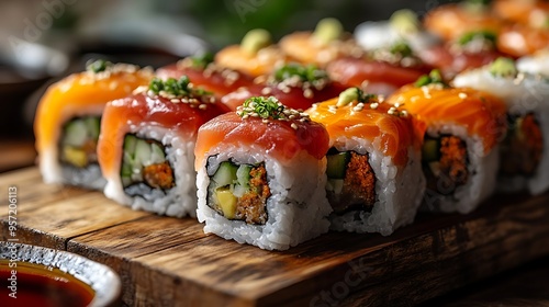 A close-up perspective of a sushi roll platter featuring a variety of colorful rolls, including tuna, salmon, and cucumber, arranged on a wooden table with soy sauce, wasabi, and ginger,