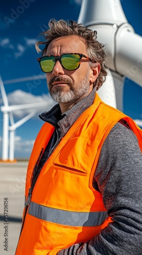 A confident worker in an orange safety vest stands near a wind turbine, showcasing renewable energy and environmental commitment.