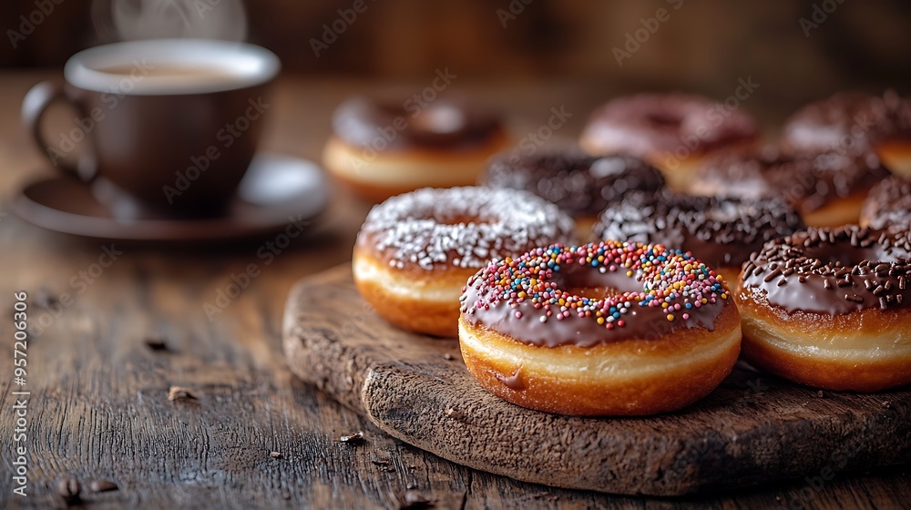 A close-up perspective of assorted donuts with different toppings, including glaze, chocolate, and sprinkles, set on a rustic wooden table with a steaming cup of coffee, A close-up perspective of assorted donuts with different toppings, including glaze, chocolate, and sprinkles, set on a rustic wooden table with a steaming cup of coffee,