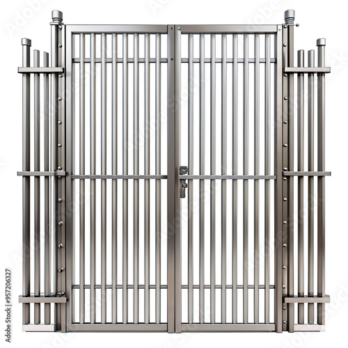 Wallpaper Mural Detailed steel jail gate model with vertical bars, lock, and decorative details. Silver finish, isolated on white background Torontodigital.ca